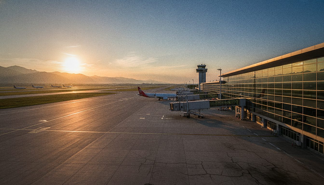 Terminal passeggeri dell'aeroporto di Tirana con piste all'alba