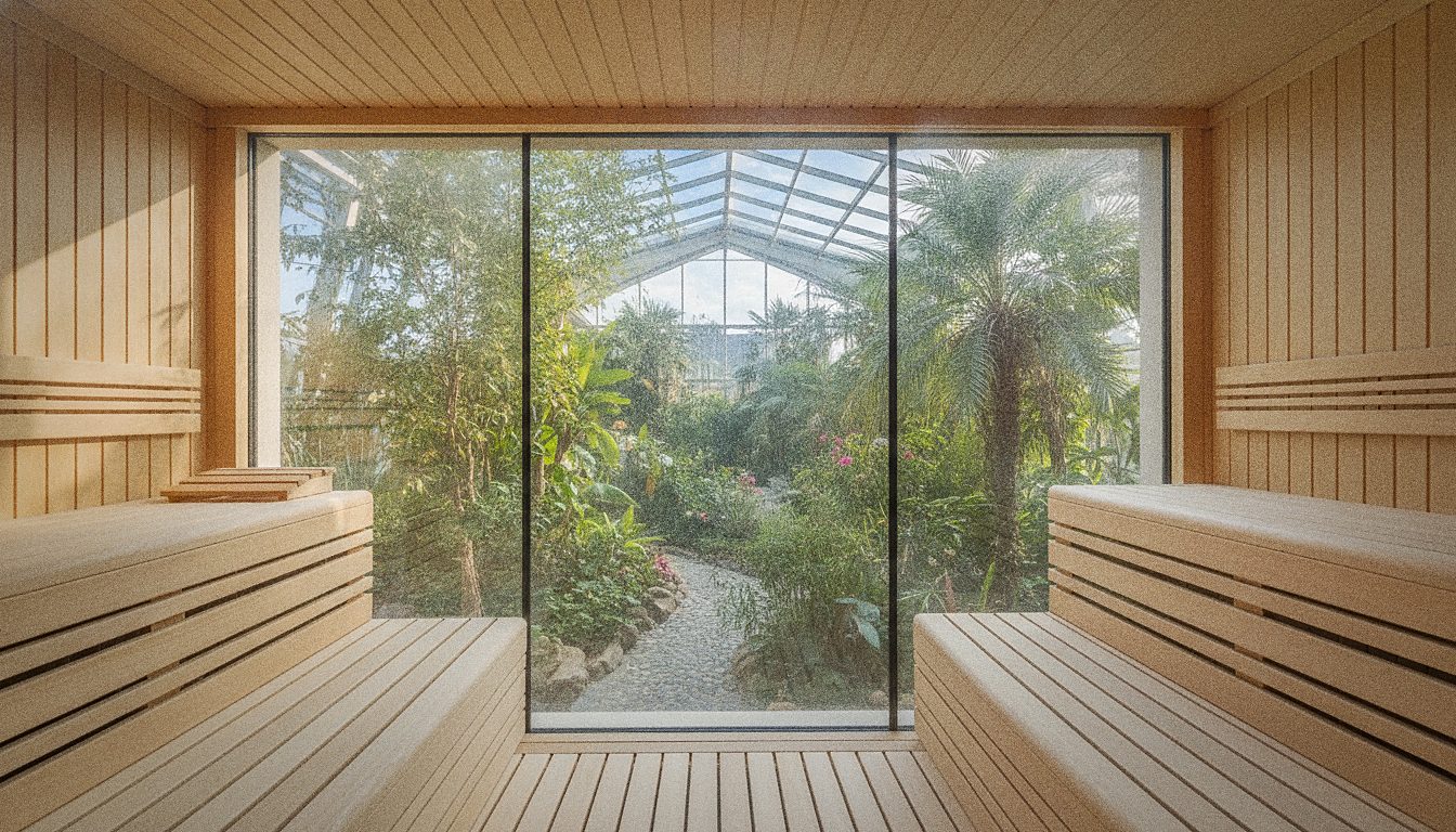 Una sauna in legno chiaro affacciata su un giardino botanico interno, senza persone