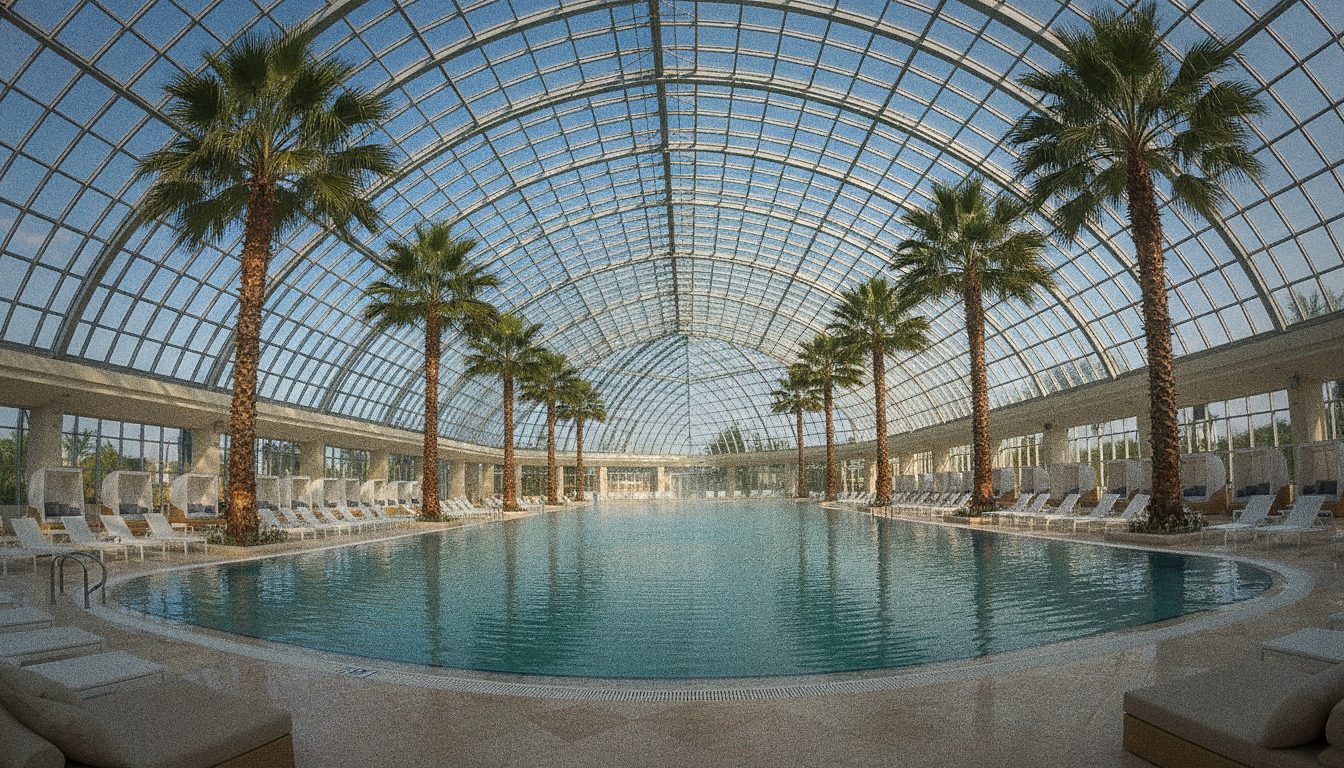 Piscina termale sotto una cupola di vetro con alte palme e lettini vuoti nella luce del mattino